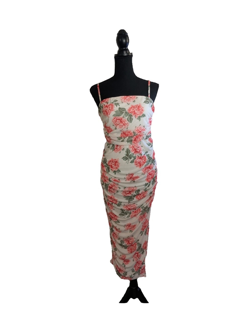 Spaghetti-Strap Floral Ruched Midi Dress in White and Pink